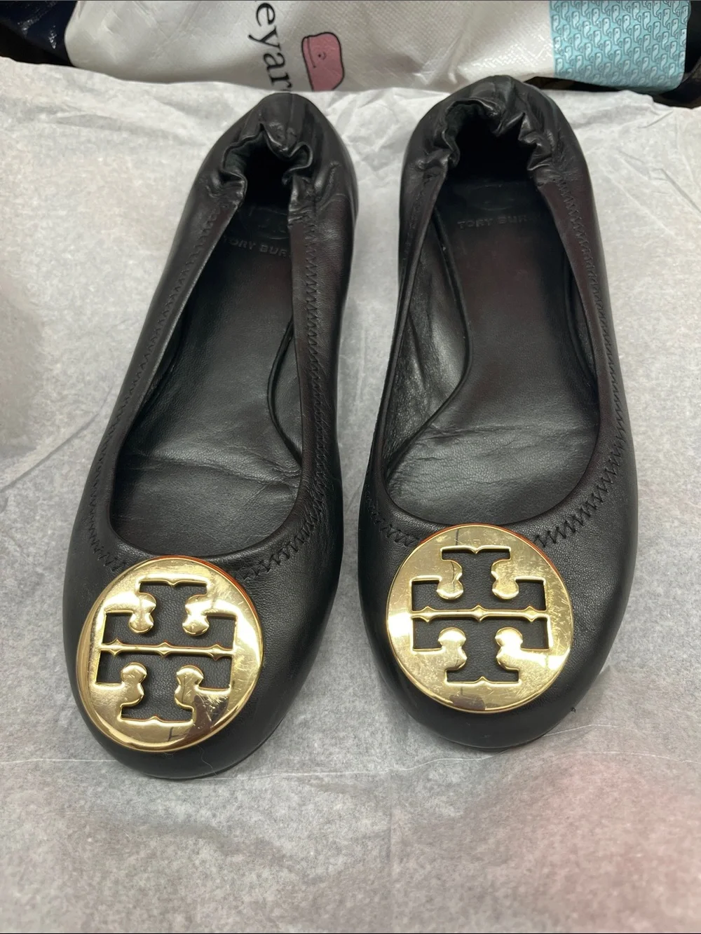 Tory Burch Black Leather Ballet Flats with Gold Logo Discs